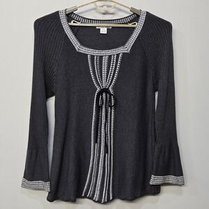 Vintage Y2K Sweater XL Grey Babydoll Crochet Bow Retro Preppy Boho Festival Twee